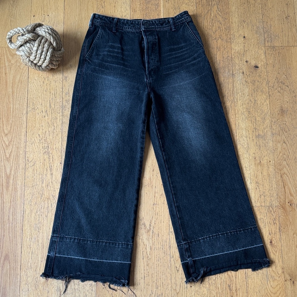 Like New Moussy Black Wash Denim Wide-Leg Jeans Elba Center Press Raw Hem